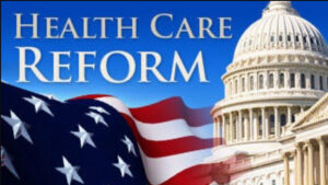 The United States Capitol and flag rest beside the words, "health care reform."