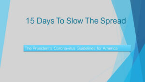The title slide from a presentation reads, "15 Days to Slow the Spread: The President's Coronavirus Guidelines for America."