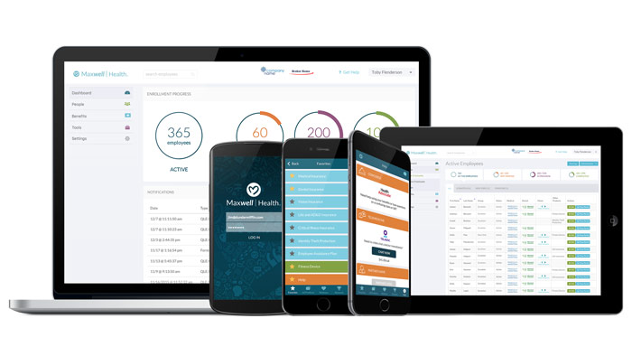 A laptop, tablet, and phone showcase the Maxwell Health interface.
