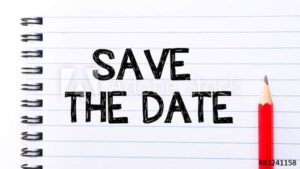 Notebook paper has a pencil resting on it. It reads, "Save the date."