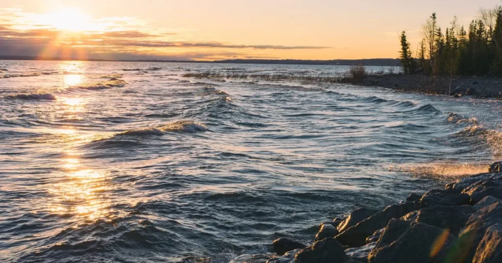 The sun sets over Lake Michigan.